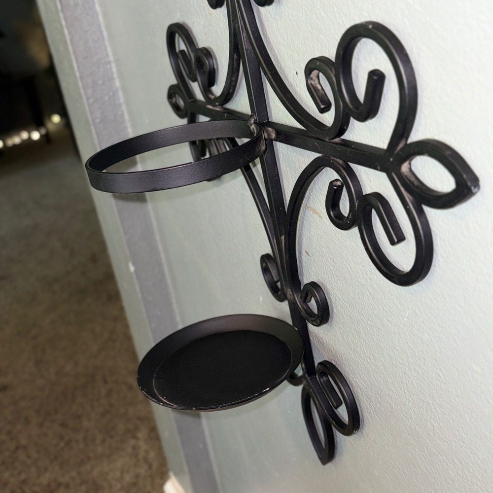 Black Wrought Iron Fleur De Lis Cross Wall Sconce Pillar Candle Holder 19in - Picture 11 of 16
